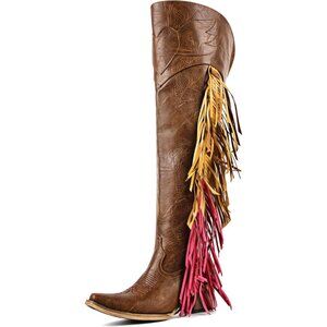 Women Brown Polyurethane Pointed Toe Fringe Adjustable Thigh High Cowgirl Boot